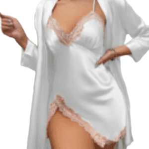 Satin Sleep Set with Belted Robe and V-Neck Nightgown - Ivory Whisper