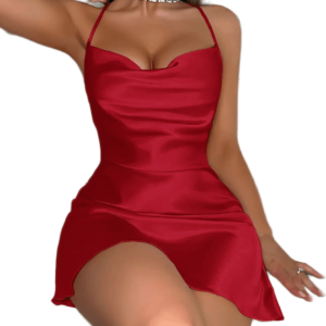 Satin Piled Collar Cross-Back Nightgown - Passionate Red