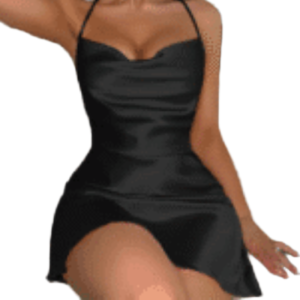 Satin Piled Collar Cross-Back Nightgown - Black